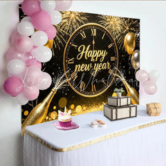 Lofaris Black and Gold Happy New Year Backdrop with Clock Fireworks and Champagne Festive Party Background for Celebration Decor
