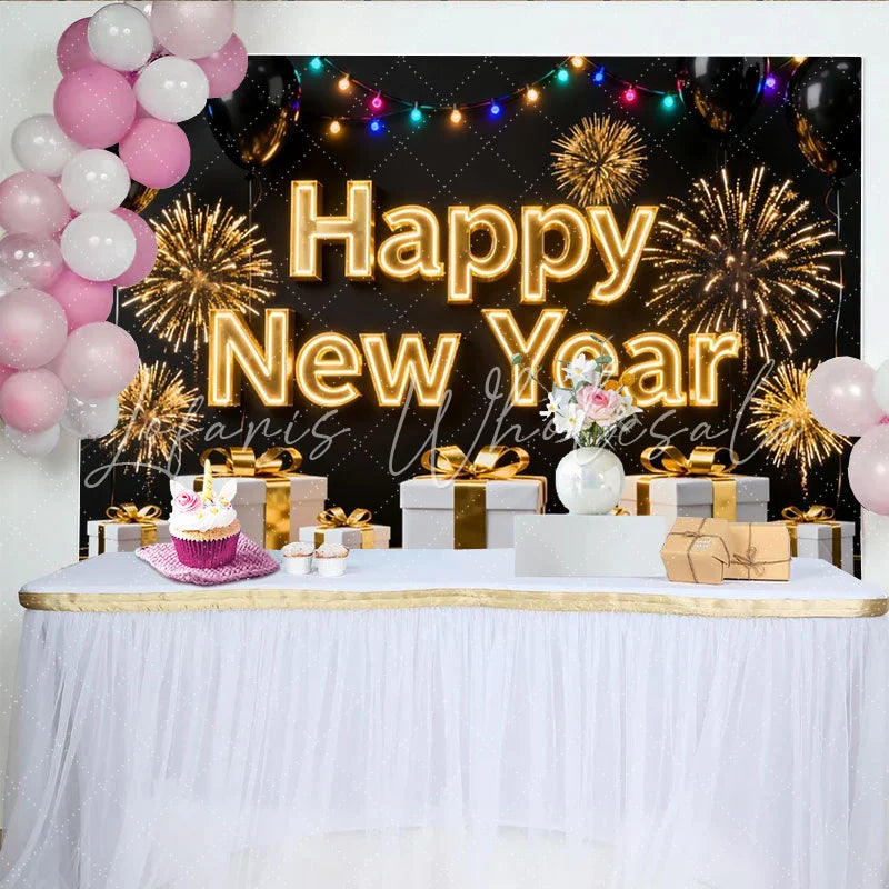 Lofaris Black and Gold Happy New Year Party Backdrop with Fireworks Balloons and Gifts for Festive Celebration Decor