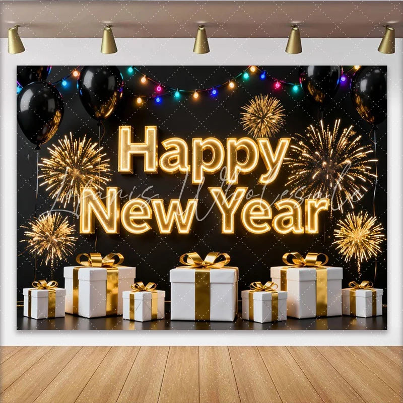 Lofaris Black and Gold Happy New Year Party Backdrop with Fireworks Balloons and Gifts for Festive Celebration Decor