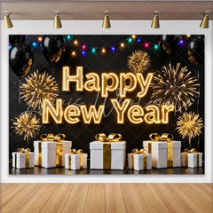 Lofaris Black and Gold Happy New Year Party Backdrop with Fireworks Balloons and Gifts for Festive Celebration Decor
