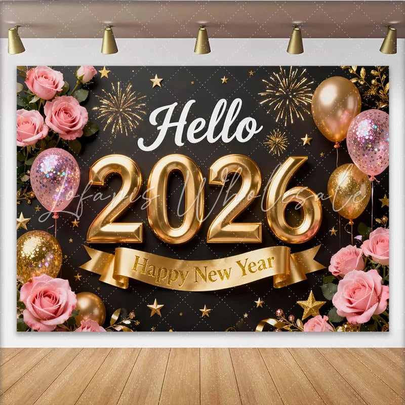 Lofaris Black and Gold Hello 2026 Happy New Year Party Backdrop with Pink Roses Balloons and Fireworks