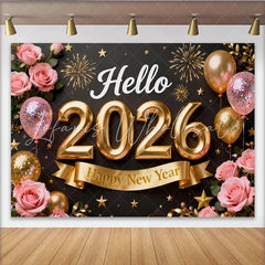 Lofaris Black and Gold Hello 2026 Happy New Year Party Backdrop with Pink Roses Balloons and Fireworks