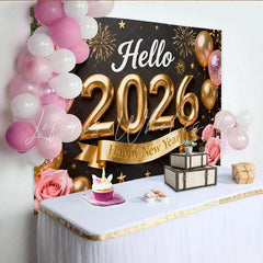 Lofaris Black and Gold Hello 2026 Happy New Year Party Backdrop with Pink Roses Balloons and Fireworks