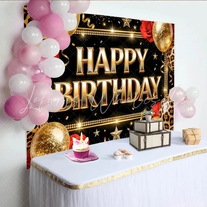 Lofaris Black and Gold Leopard Print Birthday Backdrop with Balloons and Roses Elegant Party Background for Women and Girls Photoshoot