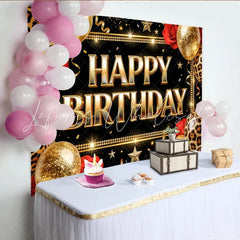 Lofaris Black and Gold Leopard Print Birthday Backdrop with Balloons and Roses Elegant Party Background for Women and Girls Photoshoot