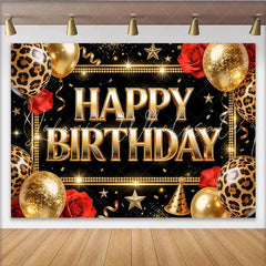 Lofaris Black and Gold Leopard Print Birthday Backdrop with Balloons and Roses Elegant Party Background for Women and Girls Photoshoot