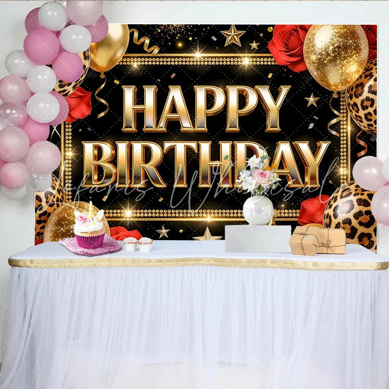 Lofaris Black and Gold Leopard Print Birthday Backdrop with Balloons and Roses Elegant Party Background for Women and Girls Photoshoot