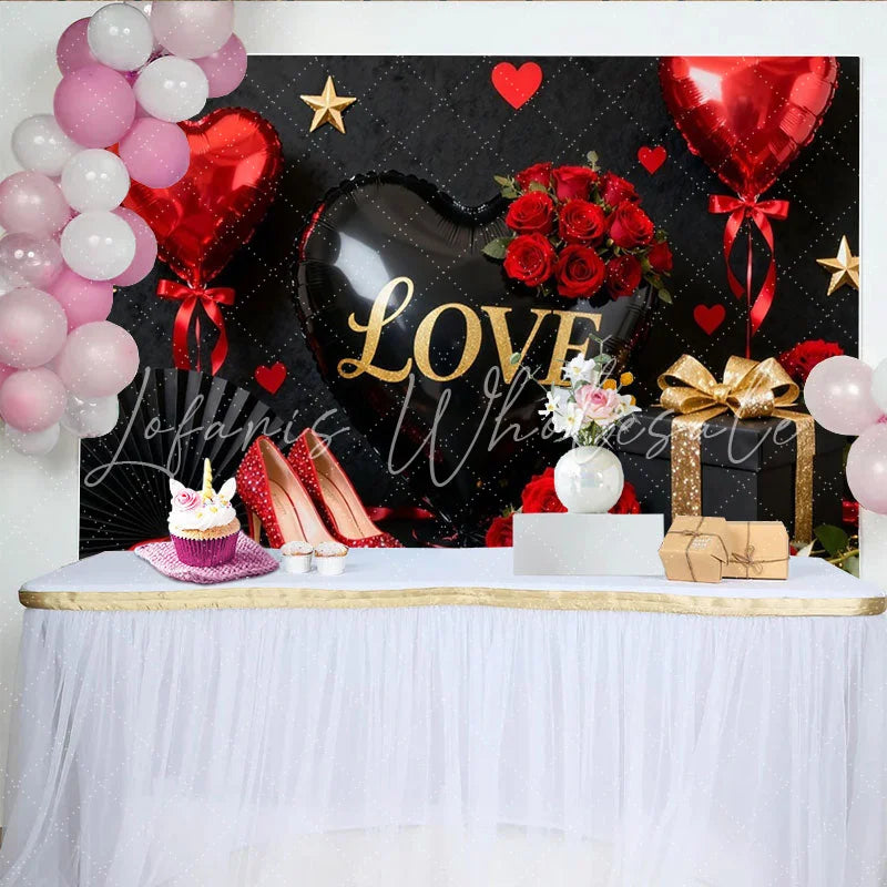 Lofaris Black and Gold Love Heart Balloon Party Backdrop with Red Roses Elegant Valentine’s Day Celebration Decor