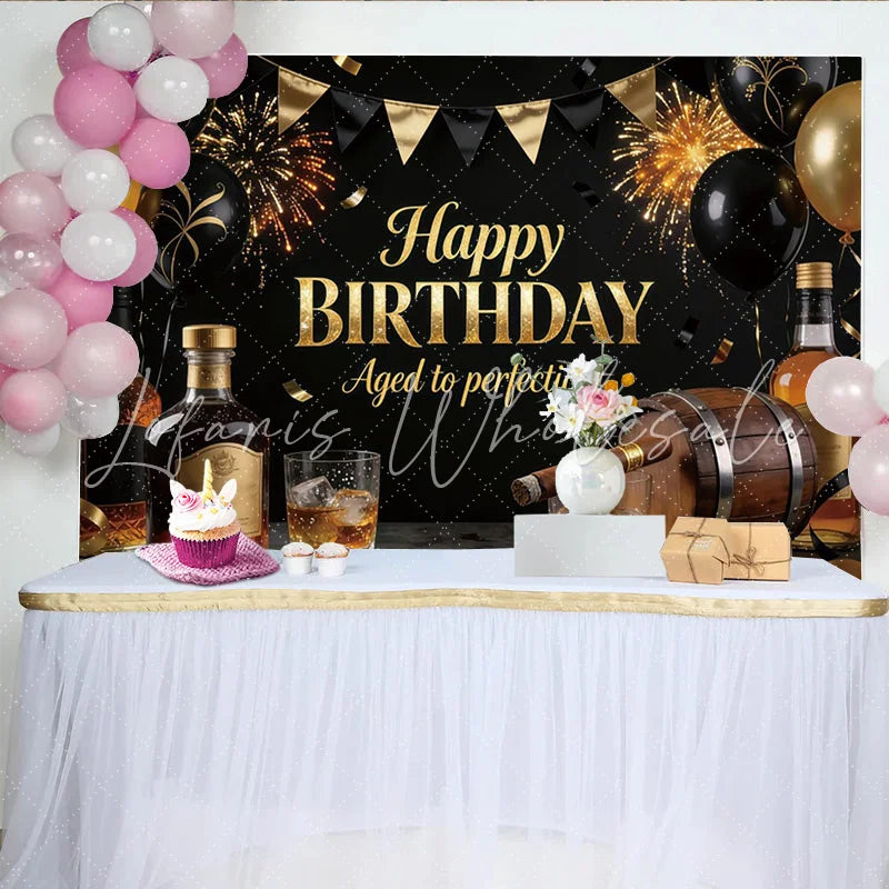 Lofaris Black and Gold Men’s Birthday Backdrop with Whiskey and Cigar Aged to Perfection Party Decor for Adult Celebration Photoshoot