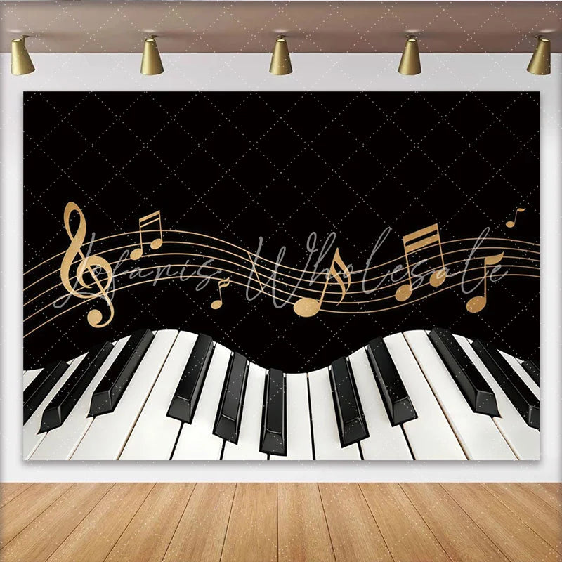 Lofaris Black and Gold Piano Keyboard Music Photography Backdrop Elegant Musical Notes Background for Studio Photoshoot and Party Decor