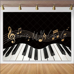 Lofaris Black and Gold Piano Keyboard Music Photography Backdrop Elegant Musical Notes Background for Studio Photoshoot and Party Decor