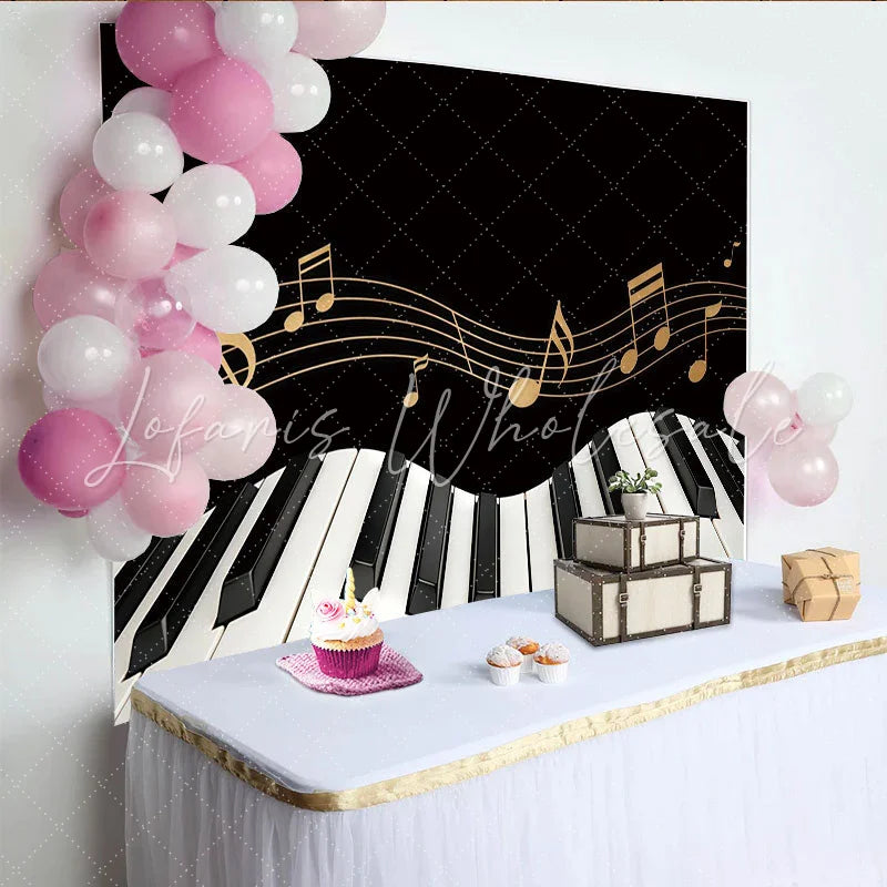 Lofaris Black and Gold Piano Keyboard Music Photography Backdrop Elegant Musical Notes Background for Studio Photoshoot and Party Decor