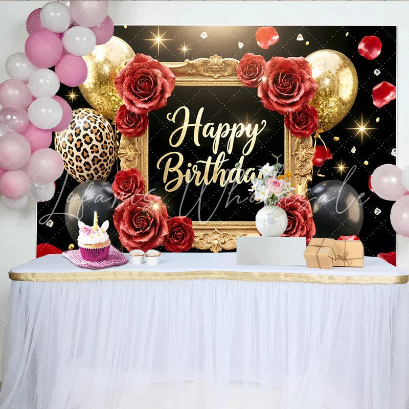 Lofaris Black and Gold Rose Birthday Backdrop with Balloons and Leopard Print Luxurious Party for Women and Girls Photography