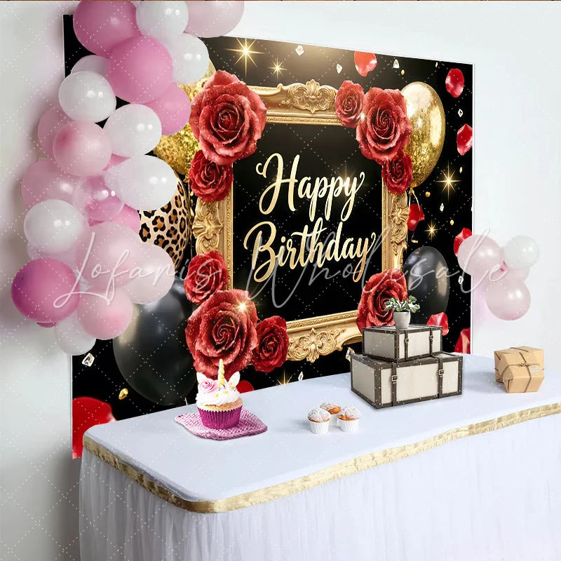 Lofaris Black and Gold Rose Birthday Backdrop with Balloons and Leopard Print Luxurious Party for Women and Girls Photography