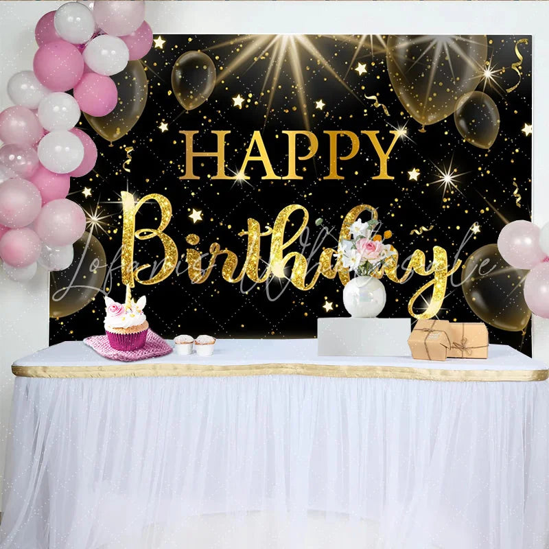 Lofaris Black and Gold Sparkling Glitter Happy Birthday Backdrop Elegant Party Background with Balloons and Stars for Decor