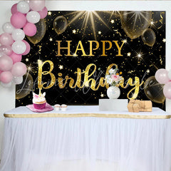 Lofaris Black and Gold Sparkling Glitter Happy Birthday Backdrop Elegant Party Background with Balloons and Stars for Decor