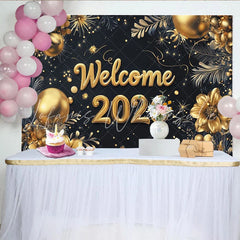 Lofaris Black and Gold Welcome 2026 New Year Backdrop Elegant Golden Flowers and Balloons Party Decor