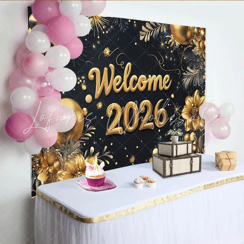 Lofaris Black and Gold Welcome 2026 New Year Backdrop Elegant Golden Flowers and Balloons Party Decor