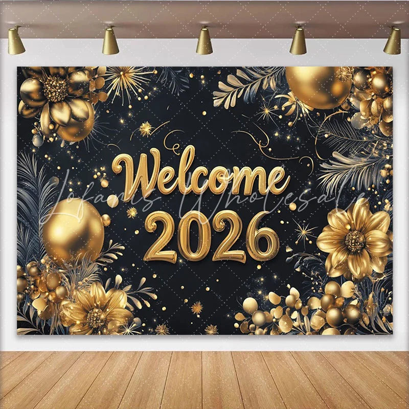 Lofaris Black and Gold Welcome 2026 New Year Backdrop Elegant Golden Flowers and Balloons Party Decor