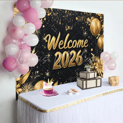 Lofaris Black and Gold Welcome 2026 Party Backdrop Elegant New Year Celebration with Balloons and Flowers