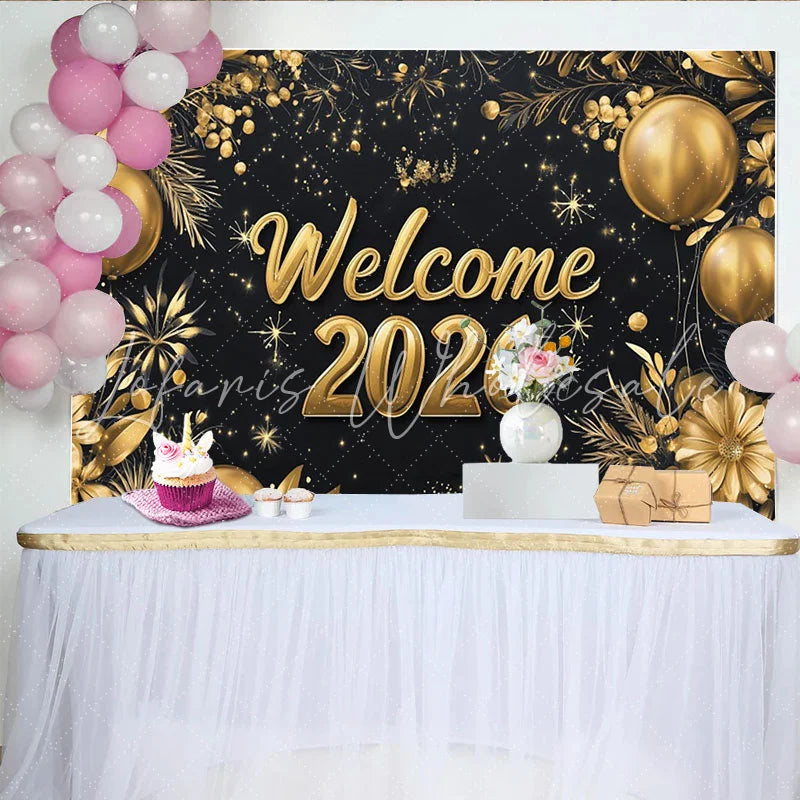 Lofaris Black and Gold Welcome 2026 Party Backdrop Elegant New Year Celebration with Balloons and Flowers