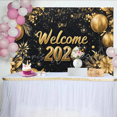 Lofaris Black and Gold Welcome 2026 Party Backdrop Elegant New Year Celebration with Balloons and Flowers