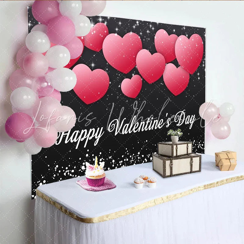 Lofaris Black and Pink Hearts Happy Valentine’s Day Party Backdrop Romantic Sparkle Celebration Decor.