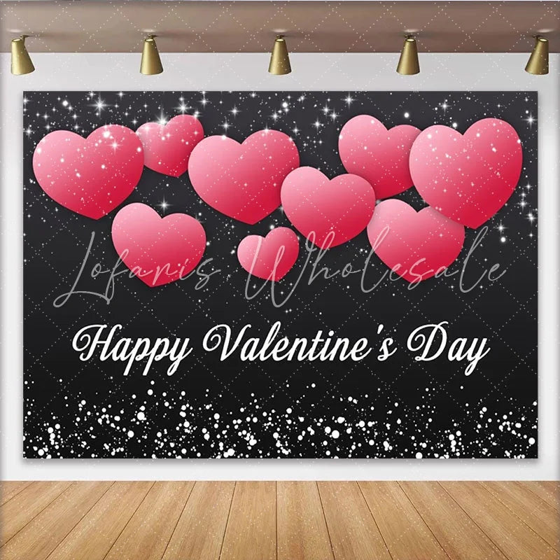 Lofaris Black and Pink Hearts Happy Valentine’s Day Party Backdrop Romantic Sparkle Celebration Decor.