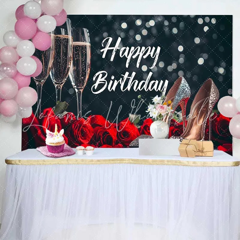 Lofaris Black and Red Happy Birthday Backdrop with Champagne Flutes Roses and Glitter High Heels Elegant Party Decor