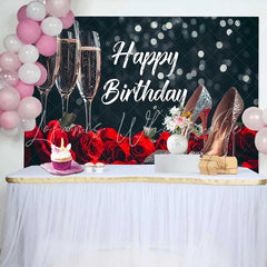 Lofaris Black and Red Happy Birthday Backdrop with Champagne Flutes Roses and Glitter High Heels Elegant Party Decor