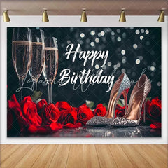 Lofaris Black and Red Happy Birthday Backdrop with Champagne Flutes Roses and Glitter High Heels Elegant Party Decor