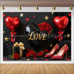 Lofaris Black and Red Love Heart Balloons Gold Glitter Roses Party Backdrop Elegant Valentine’s Day Celebration