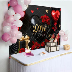 Lofaris Black and Red Love Heart Balloons Gold Glitter Roses Party Backdrop Elegant Valentine’s Day Celebration