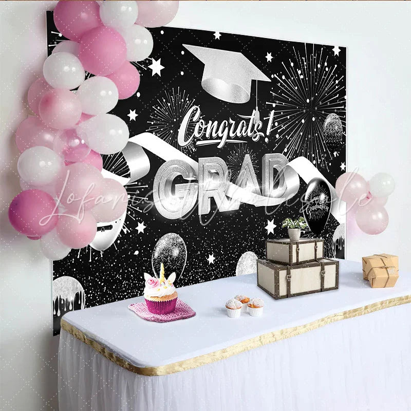 Lofaris Black and Silver Graduation Backdrop with Fireworks Congrats Grad Balloons and Cap for Party Decor Photo Booth Prop