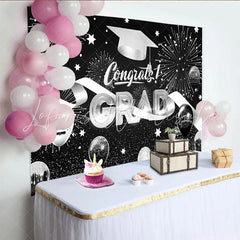 Lofaris Black and Silver Graduation Backdrop with Fireworks Congrats Grad Balloons and Cap for Party Decor Photo Booth Prop