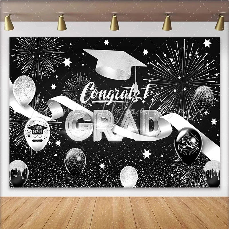 Lofaris Black and Silver Graduation Backdrop with Fireworks Congrats Grad Balloons and Cap for Party Decor Photo Booth Prop