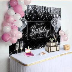Lofaris Black and Silver Happy Birthday Backdrop with Balloons Elegant Glitter Party Decor for Photoshoot
