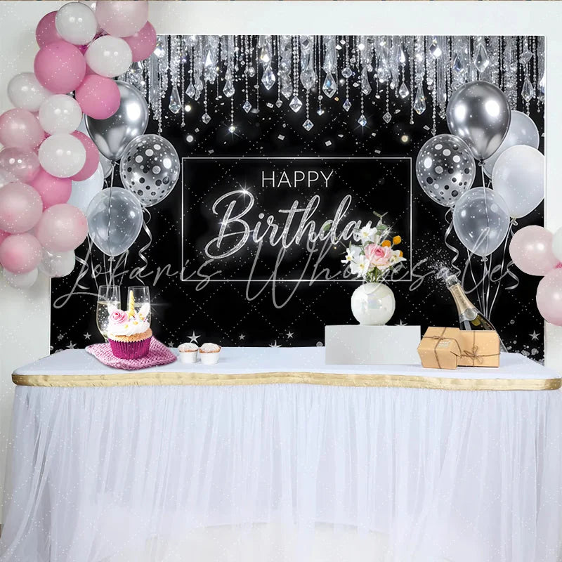 Lofaris Black and Silver Happy Birthday Backdrop with Balloons Elegant Glitter Party Decor for Photoshoot