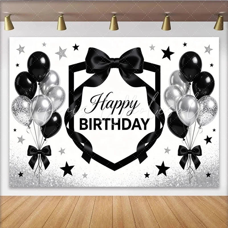 Lofaris Black and Silver Happy Birthday Backdrop with Balloons Elegant Party Background Decor for Photoshoot