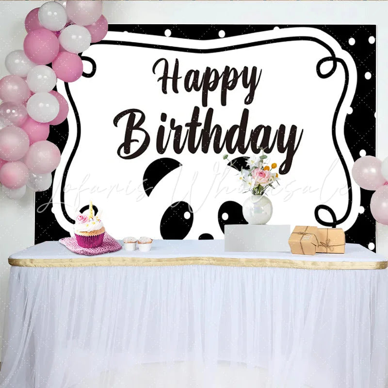 Lofaris Black and White Panda Happy Birthday Backdrop Polka Dots Party Background for Kids