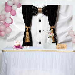 Lofaris Black and White Tuxedo Photography Backdrop with Gold Bow Tie Elegant Formal Event Photo Booth Background