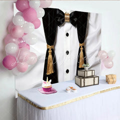 Lofaris Black and White Tuxedo Photography Backdrop with Gold Bow Tie Elegant Formal Event Photo Booth Background