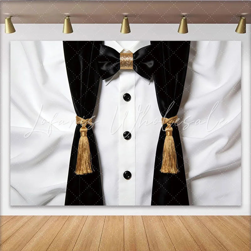 Lofaris Black and White Tuxedo Photography Backdrop with Gold Bow Tie Elegant Formal Event Photo Booth Background