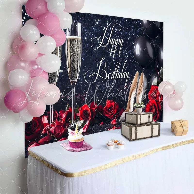 Lofaris Black Glitter Happy Birthday Backdrop with Champagne Red Roses and Silver High Heels for Elegant Celebration