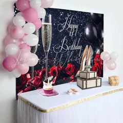 Lofaris Black Glitter Happy Birthday Backdrop with Champagne Red Roses and Silver High Heels for Elegant Celebration
