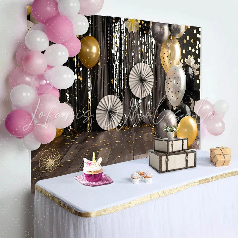 Lofaris Black Gold and Silver Cake Smash Backdrop Sparkly Bokeh Lights and Balloons Birthday Photography Background