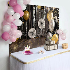 Lofaris Black Gold and Silver Cake Smash Backdrop Sparkly Bokeh Lights and Balloons Birthday Photography Background