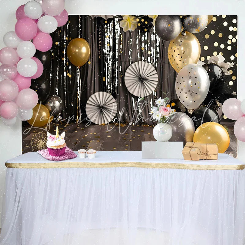 Lofaris Black Gold and Silver Cake Smash Backdrop Sparkly Bokeh Lights and Balloons Birthday Photography Background