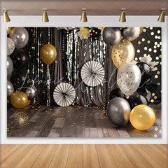 Lofaris Black Gold and Silver Cake Smash Backdrop Sparkly Bokeh Lights and Balloons Birthday Photography Background