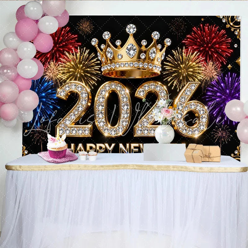 Lofaris Black Gold Diamond 2026 Happy New Year Party Backdrop with Crown and Colorful Fireworks New Year’s Eve Celebration